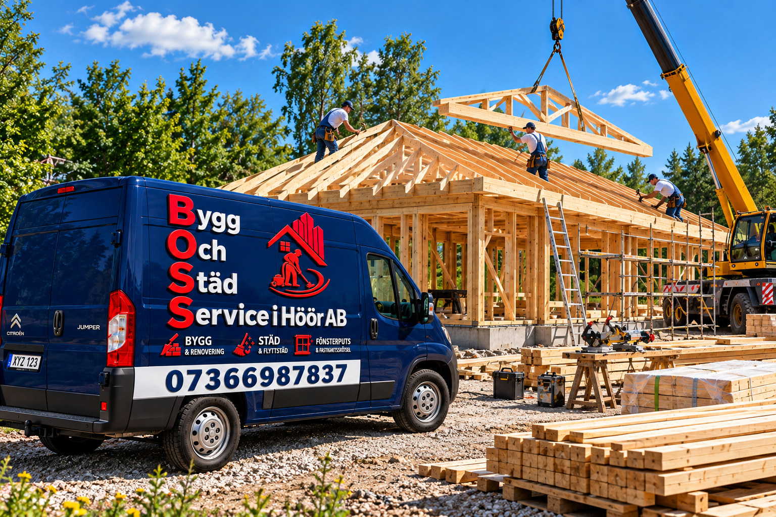 Bygg och Städ Service i Höör AB – företagsbil framför ett hus under byggnation
